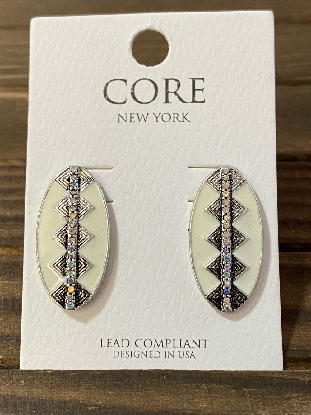 CORE New York Oval Earrings Cream & Silver Tone with Iridescent Rhinestones NWT